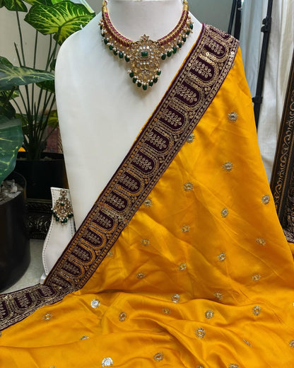 Yellow Malai Silk With Sequence Lace
