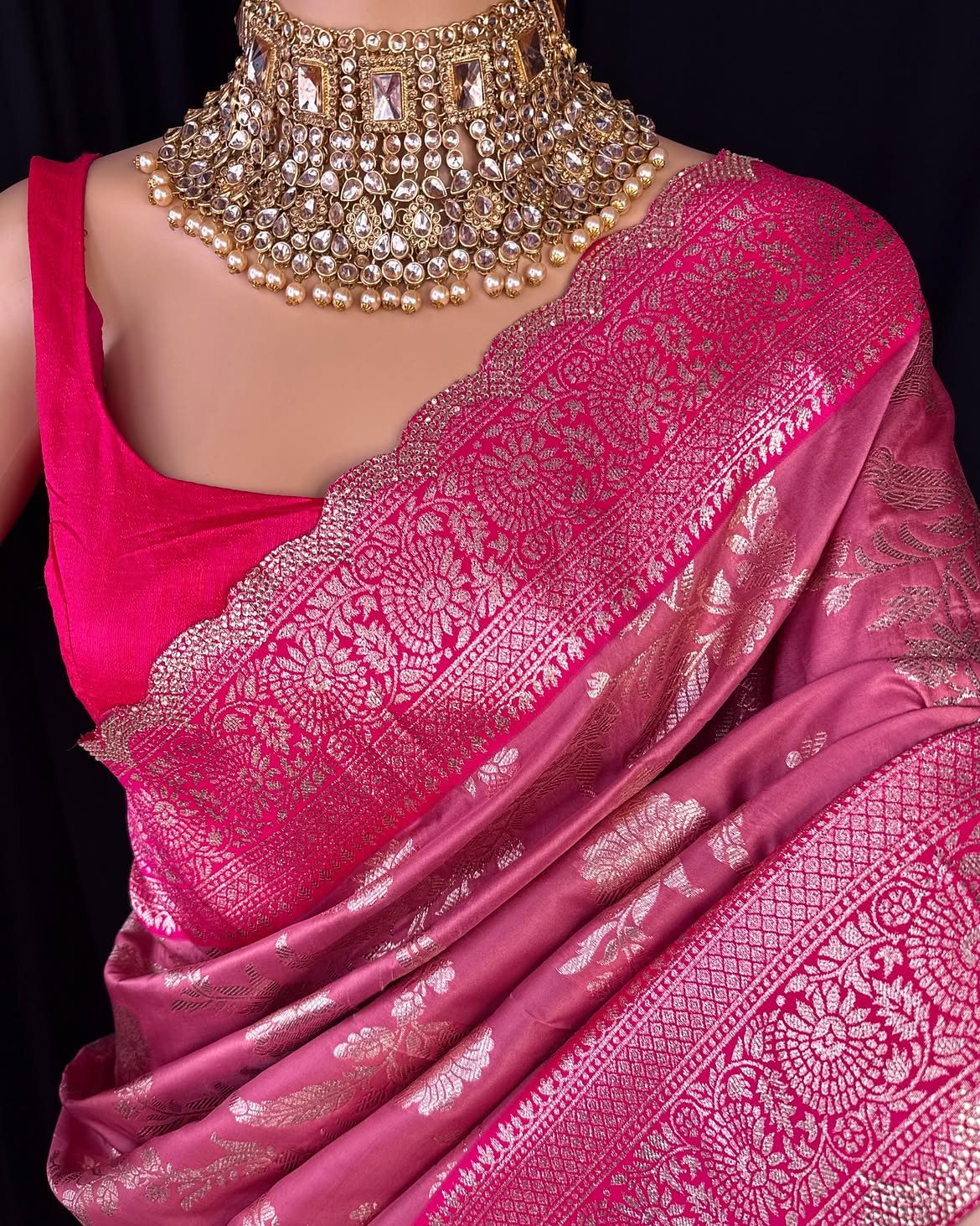 LOTUS PINK SEMI ART SILK SAREE COMES WITH GOLDEN SILVER ZARI WEAVE ALL OVER SAREE