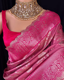 LOTUS PINK SEMI ART SILK SAREE COMES WITH GOLDEN SILVER ZARI WEAVE ALL OVER SAREE