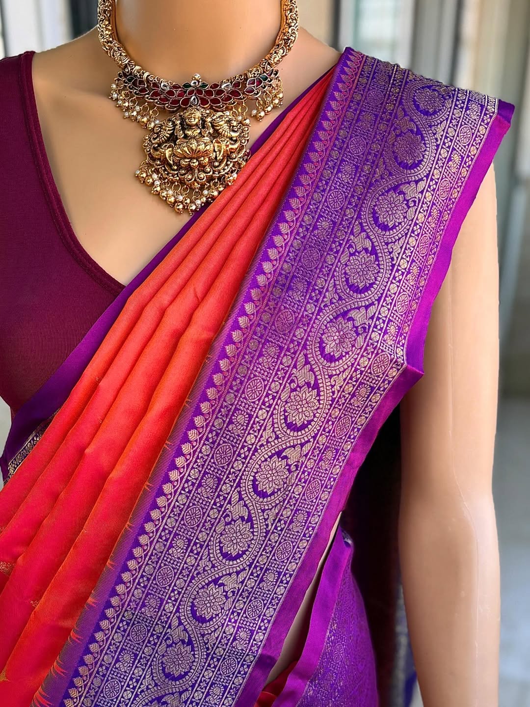 PINK ORANGE DUAL SHADE ART SILK SAREE COMES WITH PURPLE ZARI TEMPLE BORDER