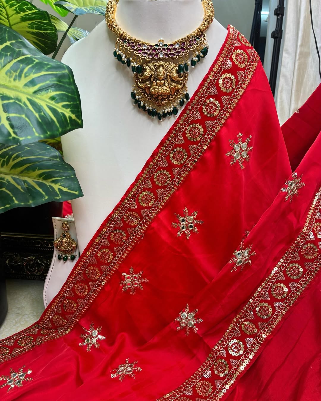 Red Malai Silk With Sequence Lace