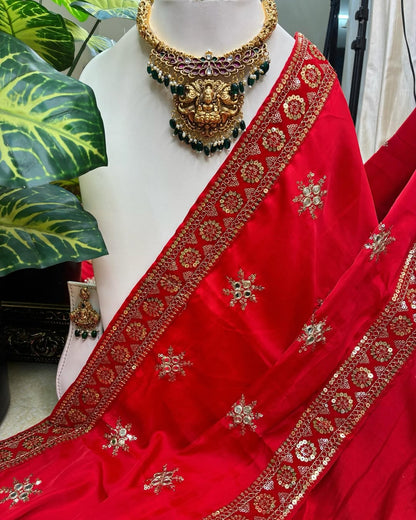 Red Malai Silk With Sequence Lace