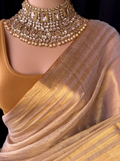 GOLDEN IVORY TISSUE COTTON SAREE WITH GO MEN ZARI WEAVE BORDER