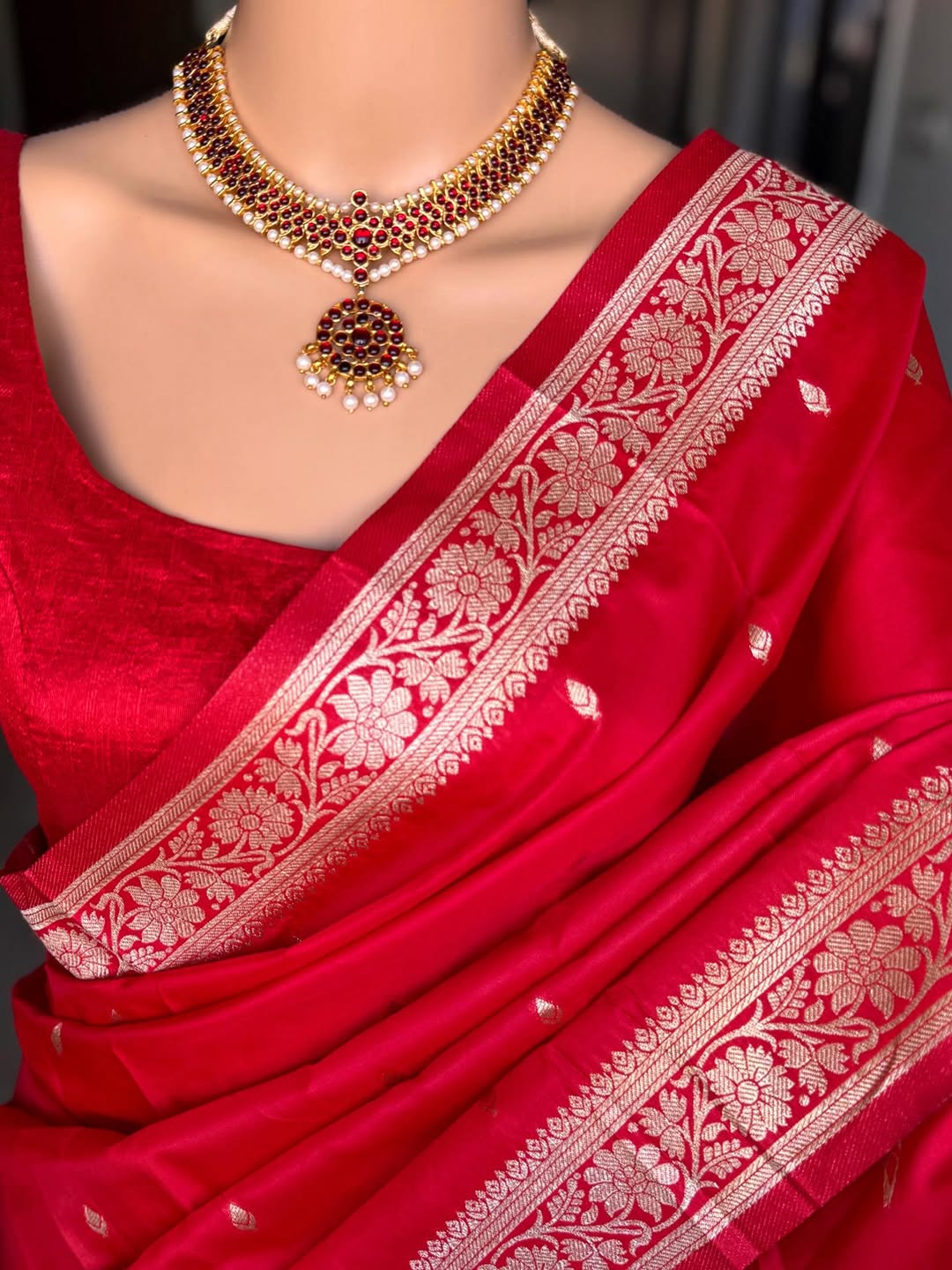 CHILLI RED ART SILK SAREE WITH SMALL BORDER