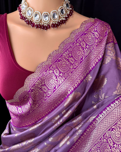 LAVENDER SEMI ART SILK SAREE COMES WITH GOLDEN SILVER ZARI WEAVE BORDER