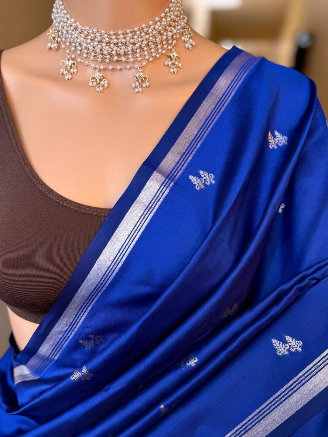 PEPSI BLUE TRADITIONAL ART SILK SAREE WITH SMALL SILVER BORDER