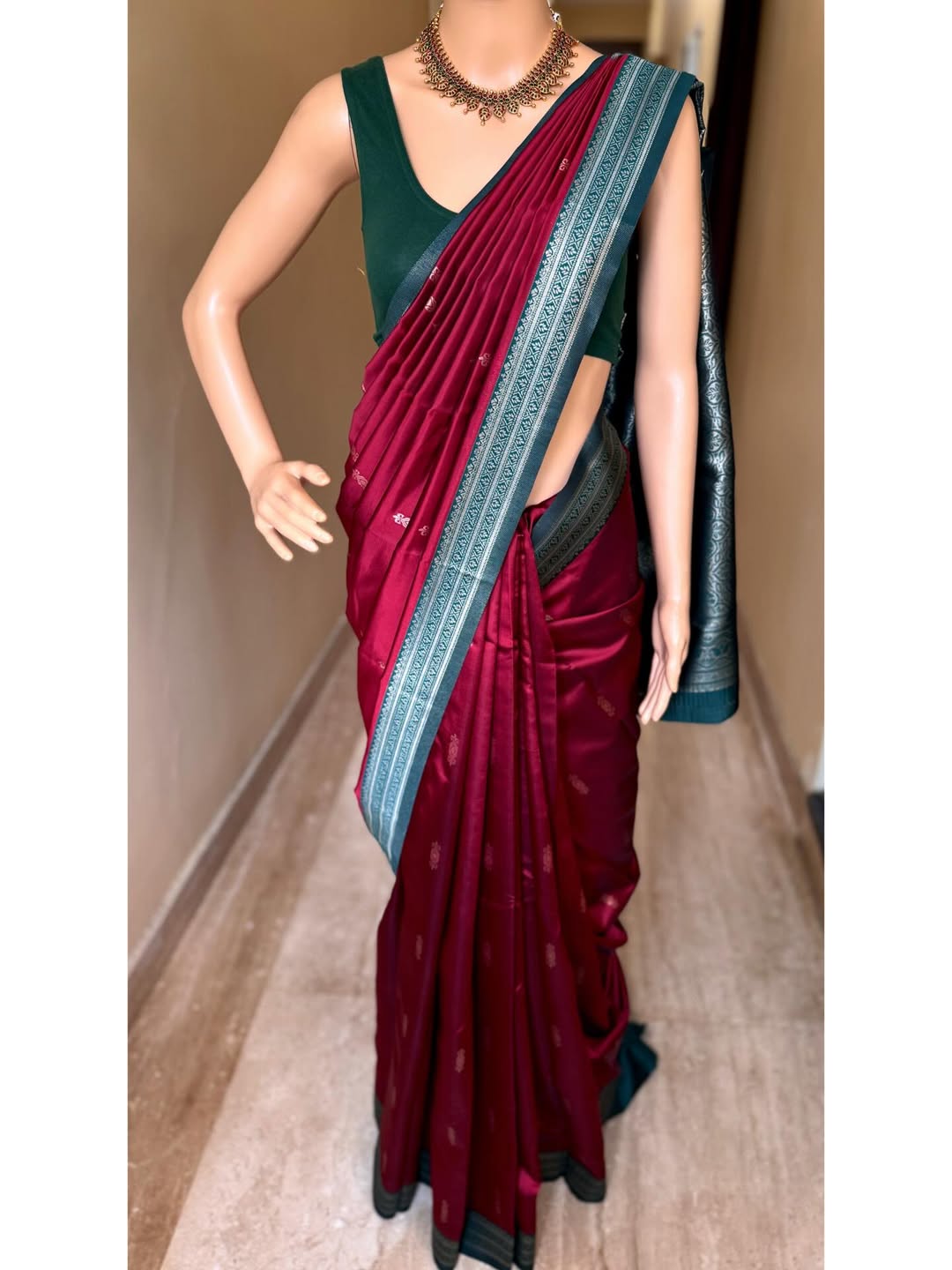 REDDISH MAROON ART SILK SAREE WITH CONTRAST TEAL BLUE SILVER ZARI WEAVE BORDER