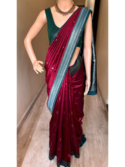 REDDISH MAROON ART SILK SAREE WITH CONTRAST TEAL BLUE SILVER ZARI WEAVE BORDER