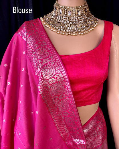 LOTUS PINK SEMI ART SILK SAREE COMES WITH GOLDEN SILVER ZARI WEAVE ALL OVER SAREE