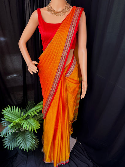 RED ORANGE SOFT COTTON SAREE WITH RED TRADITIONAL SMALL THREAD BORDER