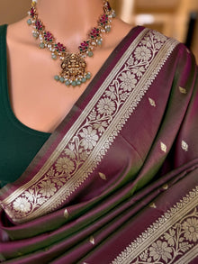 BROWN GREEN SOFT ART SILK SAREE ZARI WEAVE BORDER