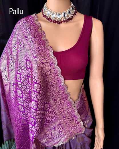 LAVENDER SEMI ART SILK SAREE COMES WITH GOLDEN SILVER ZARI WEAVE BORDER