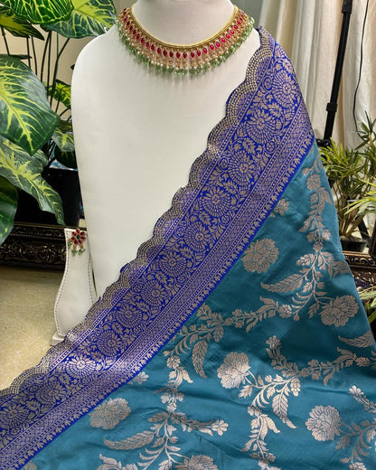 SKY BLUE ART SILK SAREE WITH GOLDEN FLORAL ZARI BORDER