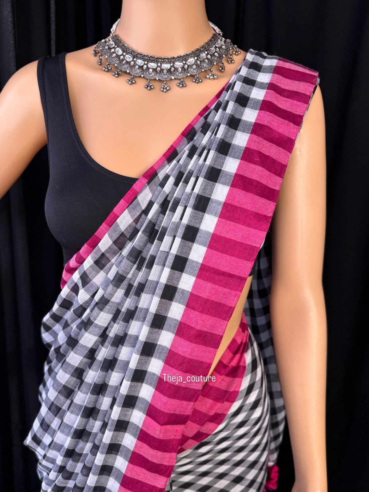 BLACK AND WHITE CHECKS SOFT MULMUL COTTON SAREE
