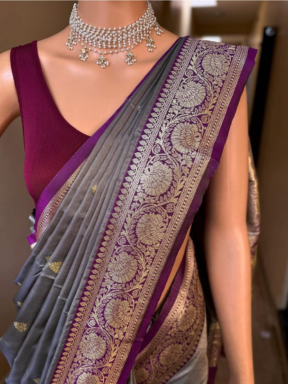 GREY ART SILK SAREE COMES WITH CONTRAST MANGENTA BORDER