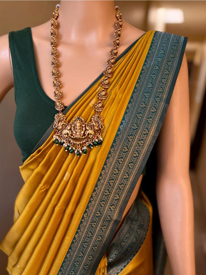 GOLDEN YELLOW ART SILK SAREE WITH SMALL BORDER GREEN ZARI WEAVE BORDER