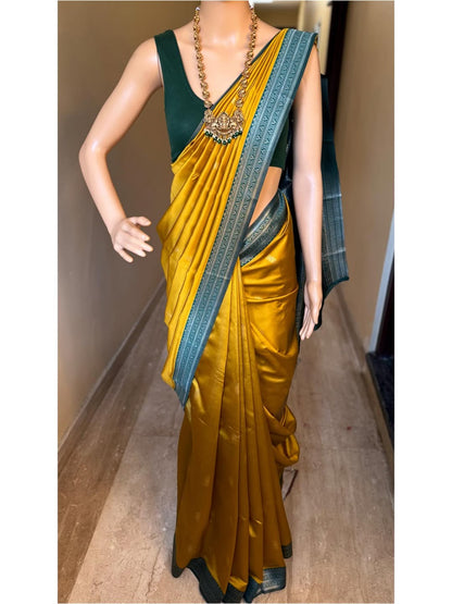 GOLDEN YELLOW ART SILK SAREE WITH SMALL BORDER GREEN ZARI WEAVE BORDER
