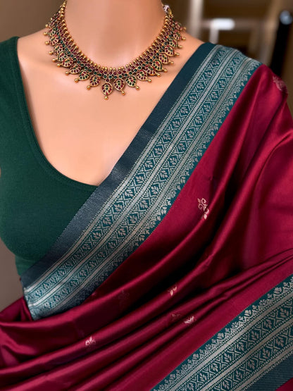 REDDISH MAROON ART SILK SAREE WITH CONTRAST TEAL BLUE SILVER ZARI WEAVE BORDER