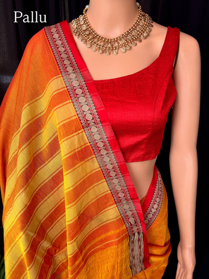 RED ORANGE SOFT COTTON SAREE WITH RED TRADITIONAL SMALL THREAD BORDER
