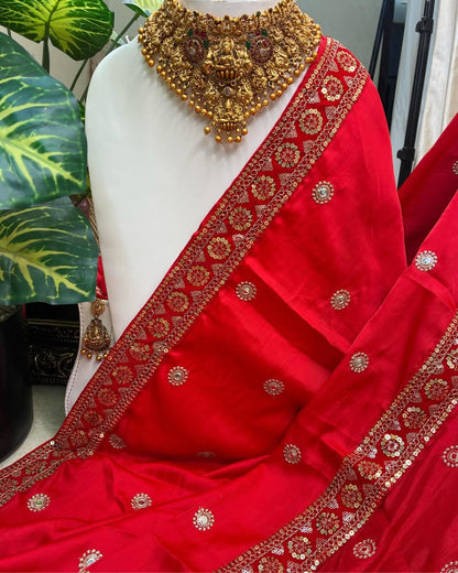 Red Malai Silk With Sequence Lace