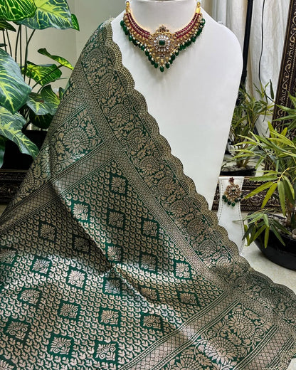 PISTA GREEN ART SILK SAREE WITH GOLDEN FLORAL ZARI BORDER