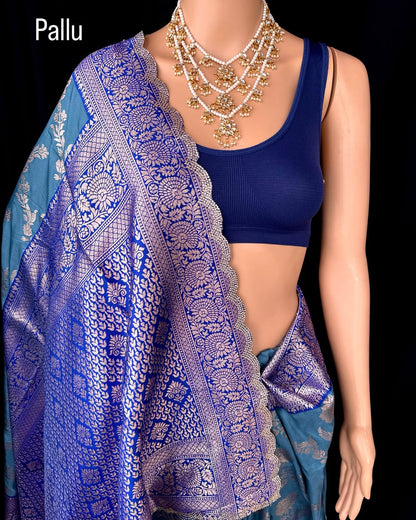 TEAL BLUE SEMI ART SILK SAREE COMES WITH GOLDES SILVER ZARI WEAVE ALL OVER SAREE