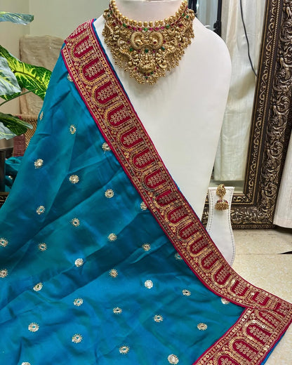 Sky blue Malai Silk With Sequence Lace