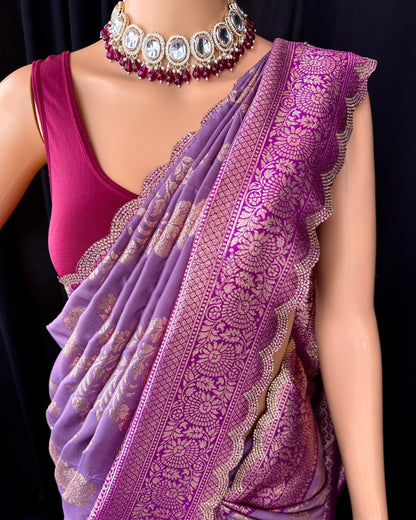 LAVENDER SEMI ART SILK SAREE COMES WITH GOLDEN SILVER ZARI WEAVE BORDER