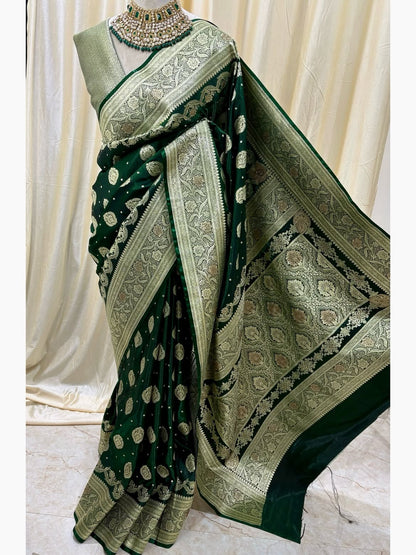 BOTTLE GREEN BANARAS SILK SAREE WITH GOLDEN ZARI WITH ARIC PALLU