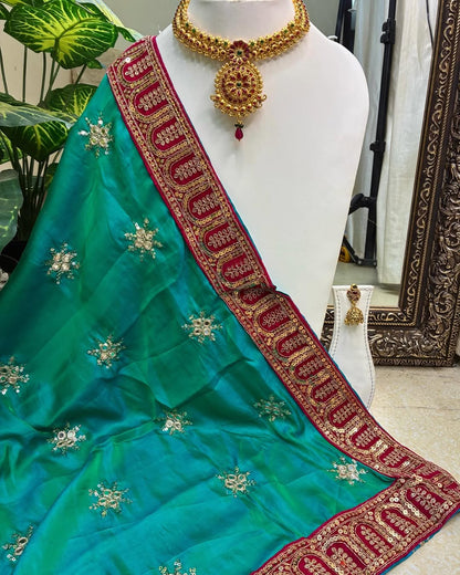 Peacock Green Malai Silk With Sequence Lace