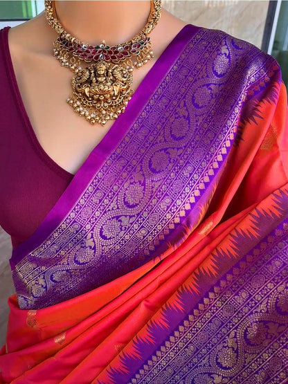 PINK ORANGE DUAL SHADE ART SILK SAREE COMES WITH PURPLE ZARI TEMPLE BORDER