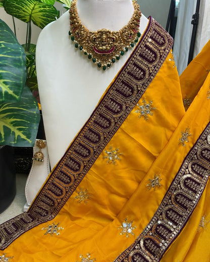 Yellow Malai Silk With Sequence Lace
