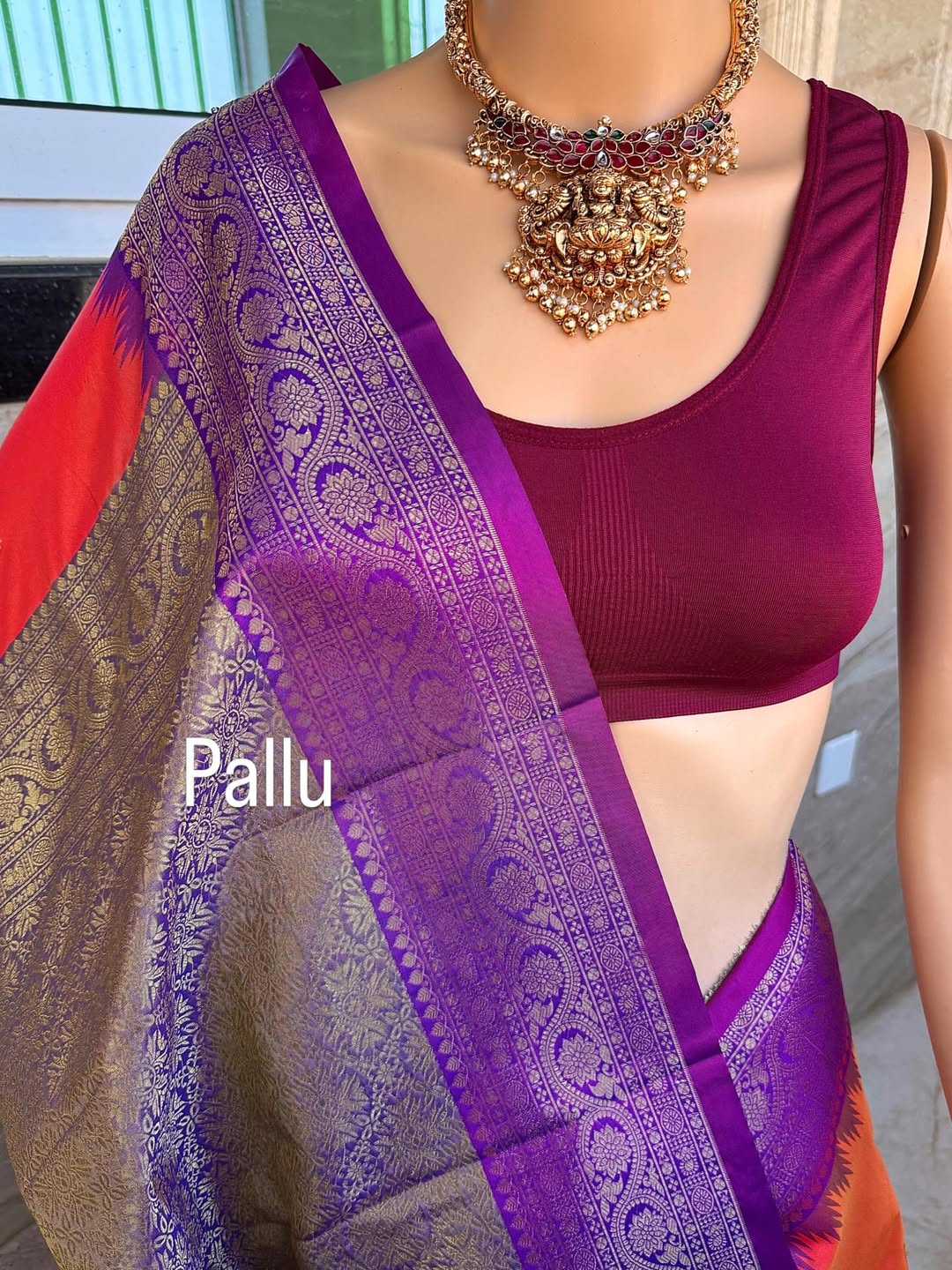 PINK ORANGE DUAL SHADE ART SILK SAREE COMES WITH PURPLE ZARI TEMPLE BORDER