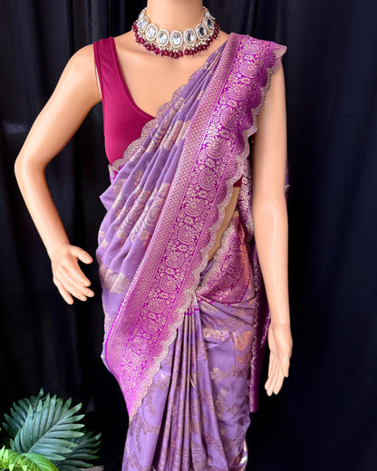 LAVENDER SEMI ART SILK SAREE COMES WITH GOLDEN SILVER ZARI WEAVE BORDER