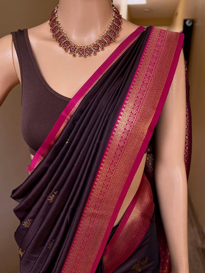 CHOCOLATE BROWN SOFT ART SILK SAREE WITH PINK ZARI BORDER