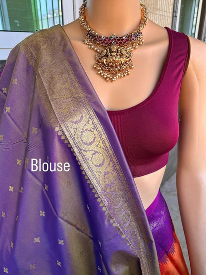PINK ORANGE DUAL SHADE ART SILK SAREE COMES WITH PURPLE ZARI TEMPLE BORDER