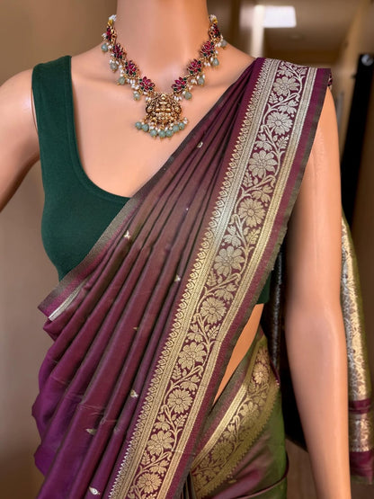 BROWN GREEN SOFT ART SILK SAREE ZARI WEAVE BORDER