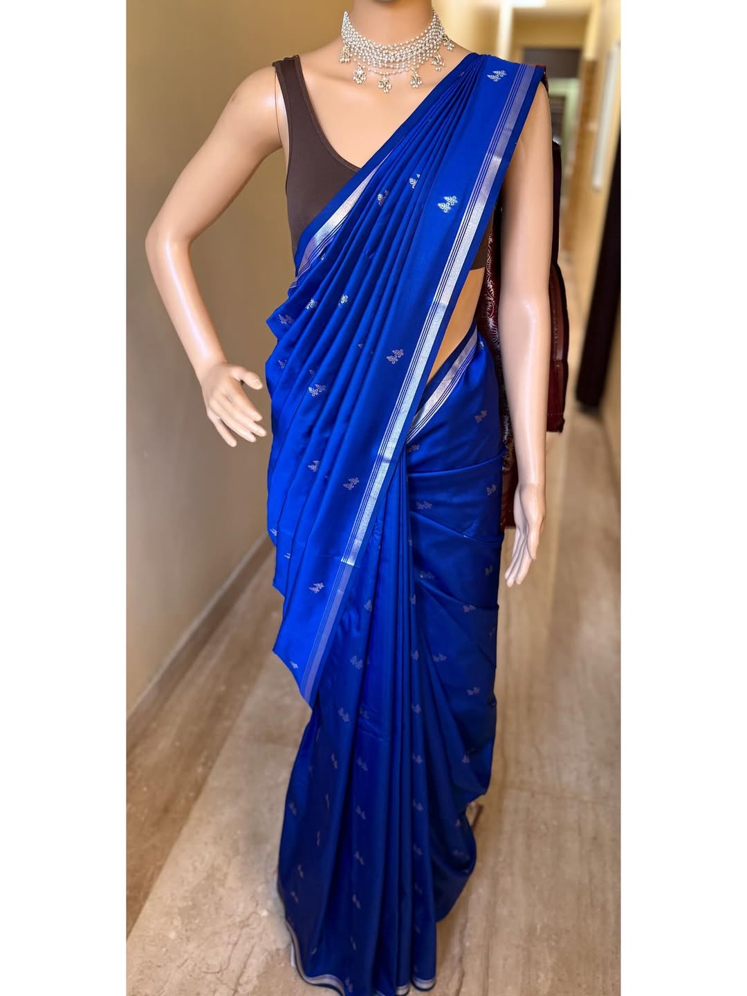 PEPSI BLUE TRADITIONAL ART SILK SAREE WITH SMALL SILVER BORDER
