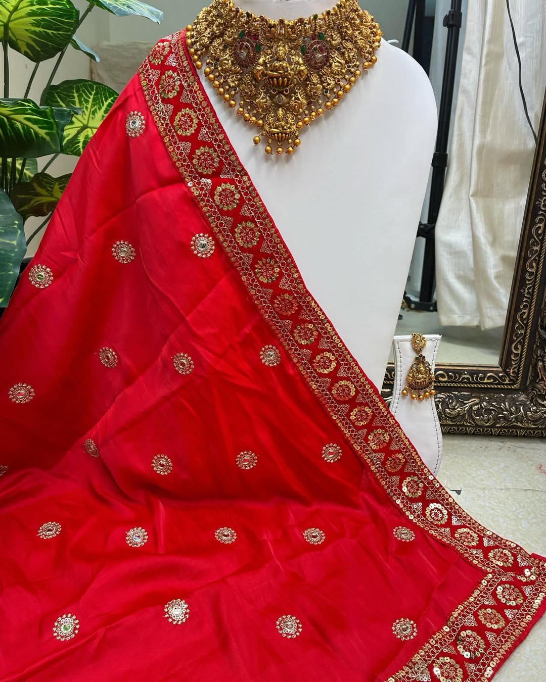 Red Malai Silk With Sequence Lace