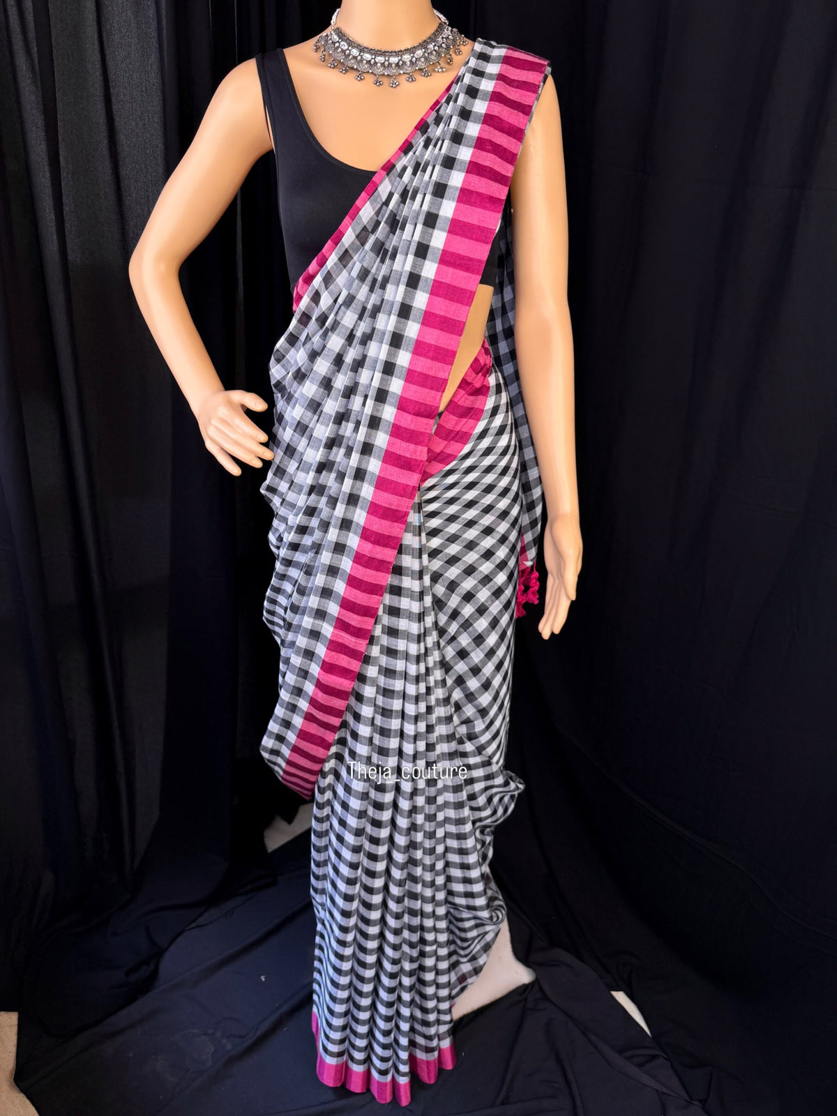 BLACK AND WHITE CHECKS SOFT MULMUL COTTON SAREE