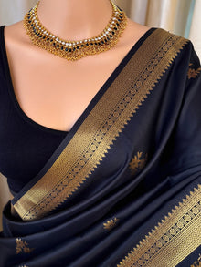 BLACK TRADITIONAL SMALL BORDER ARE SILK SAREE COMES WITH GOLDEN ZARI WEAVE BORDER