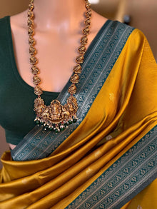 GOLDEN YELLOW ART SILK SAREE WITH SMALL BORDER GREEN ZARI WEAVE BORDER