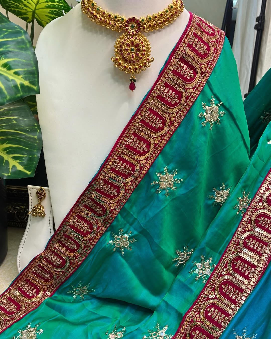 Peacock Green Malai Silk With Sequence Lace