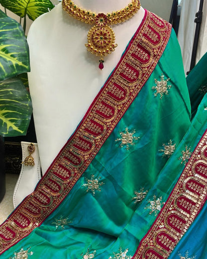 Peacock Green Malai Silk With Sequence Lace