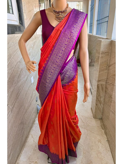 PINK ORANGE DUAL SHADE ART SILK SAREE COMES WITH PURPLE ZARI TEMPLE BORDER