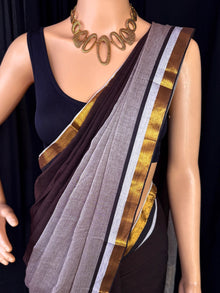 CHOCOLATE BROWN AND GREY HALF AND HALF SOFT MULMUL COTTON SAREE