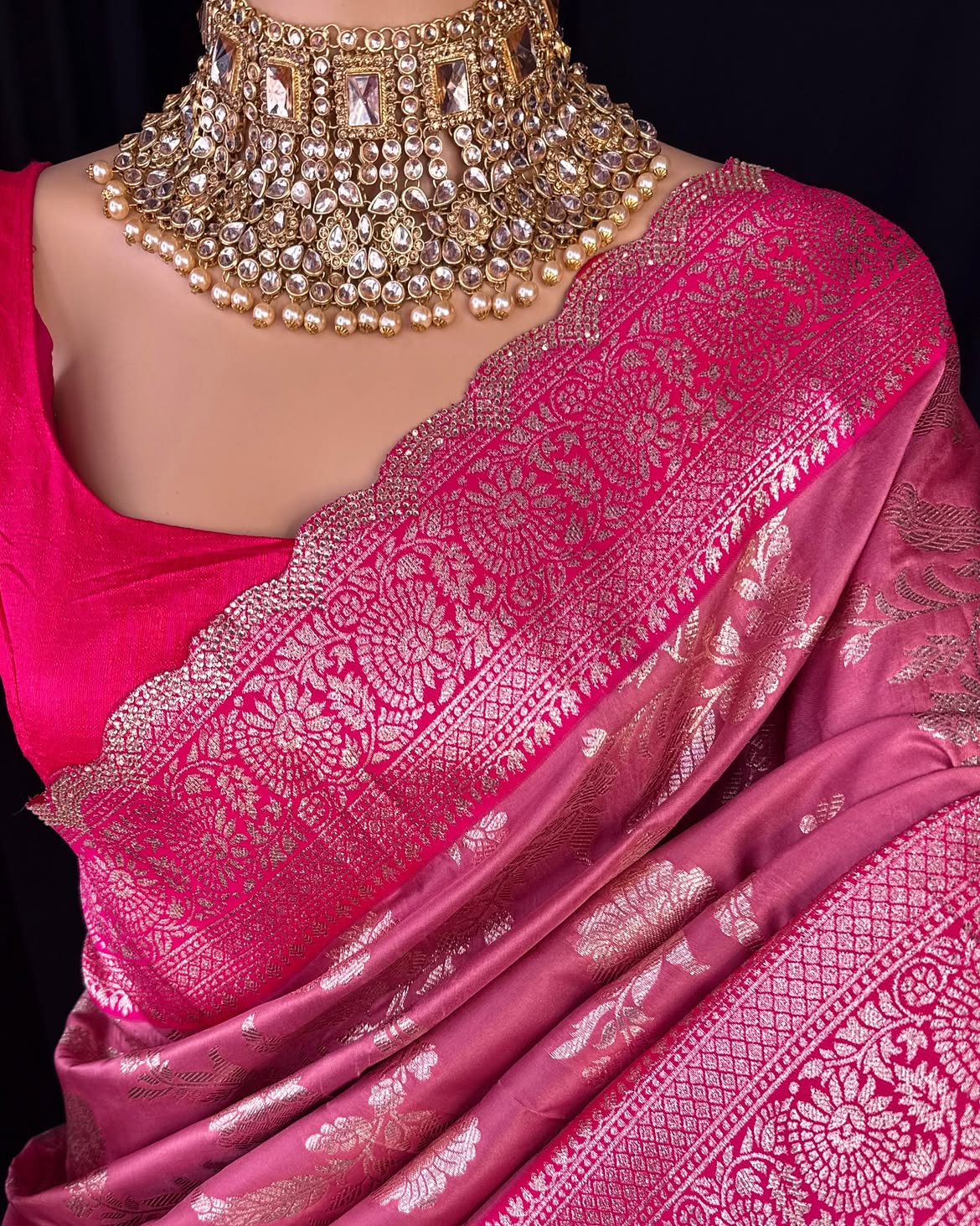 LOTUS PINK SEMI ART SILK SAREE COMES WITH GOLDEN SILVER ZARI WEAVE ALL OVER SAREE
