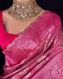 LOTUS PINK SEMI ART SILK SAREE COMES WITH GOLDEN SILVER ZARI WEAVE ALL OVER SAREE