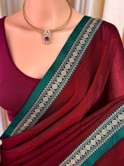 REDDISH MAROON SOFT COTTON SAREE COMES WITH CONTROL GREEN WEAVE BORDER