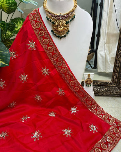 Red Malai Silk With Sequence Lace
